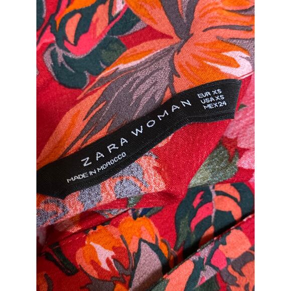 ZARA Women's Red Multicolor Floral 3/4 Sleeve Mini Button Down Shirt Dress Sz XS - Picture 3 of 4